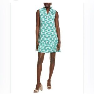 Tyler Boe NEW S Spring Teal White Beach Geometric Ruffle Sleeveless Dress Crew